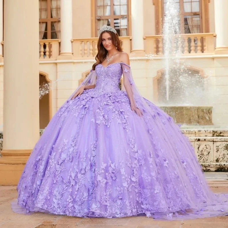 

2024 Lavender Butterfly Flowers Quinceanera Dresses Detached Cape Ball Gown Appliques Lace Crystal Vestidos De 15 Años