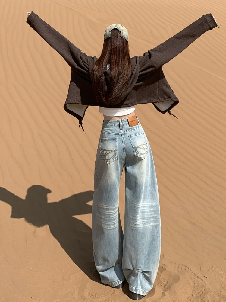 

American Lazy Style Wide Leg Jeans Women's Loose Straight Loose Floor-Length Pants High Waist Denim Casual Wear Resistant