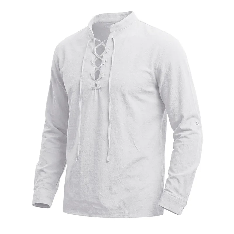 2026 Herren Vintage Mittelalterliches Leinenhemd mit Schnürung, Langarm, Henley-Ausschnitt, Locker Geschnitten, Piraten-Cosplay, Strand, Freizeit, Urlaub, Alltagshemd – Detail 31