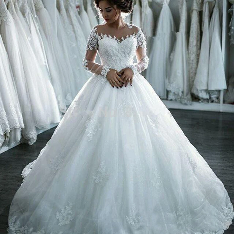 Customized Ball Gown Wedding Dresses Vestido De Noiva Long Sleeves Fashion Lace Court Train Princess Bridal Gowns Formal