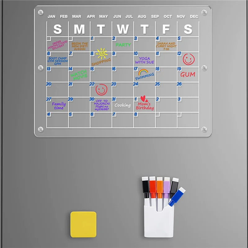 Calendario magnetico AM-acrilico Calendario magnetico trasparente Calendario da frigorifero cancellabile a secco per frigorifero, 16X12 pollici (1 set)