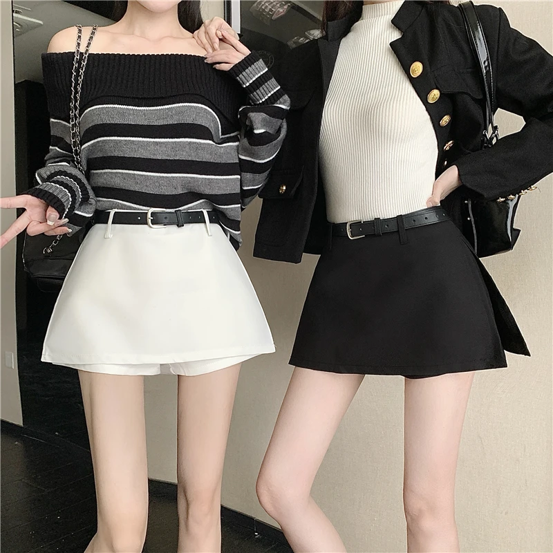 2026 Autumn Winter Women Petite Solid Color Split Suit Skort Sweet Simple High Waist A-line Mini Skirt Shorts