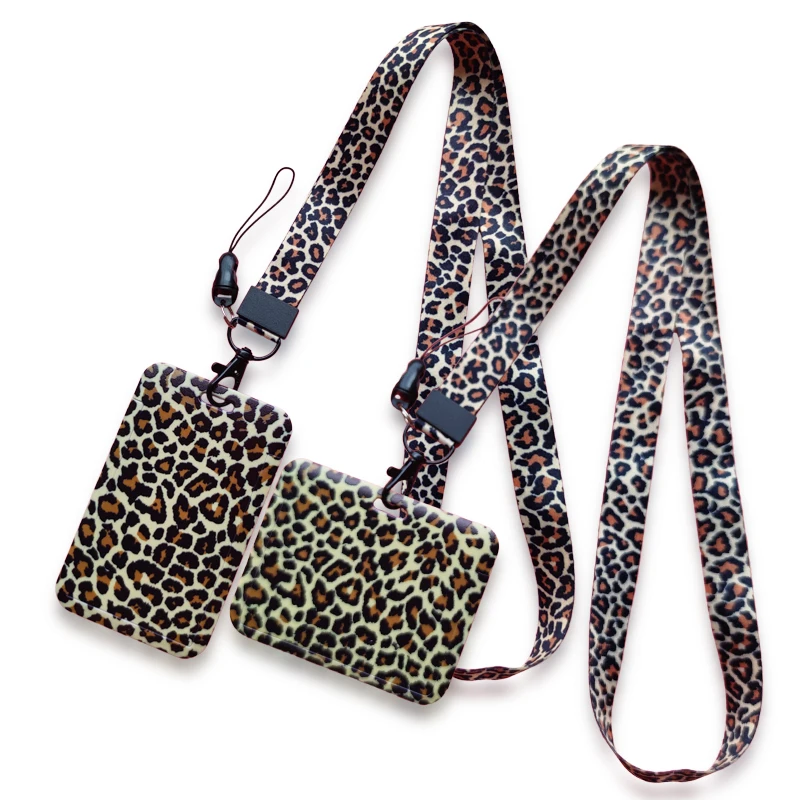 Leopard Print Identification Card Holder lanyards Key chain Cartoon Card Case ID Badge Holder Neck Strap Credentials