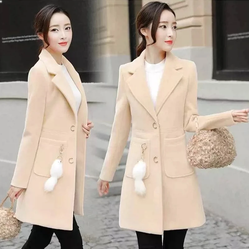 Add Cotton/No Cotton Woolen Coat For Women New Autumn Winter Suit Collar Wool Overcoat Fashion Jacket Lady Blend Windbreaker