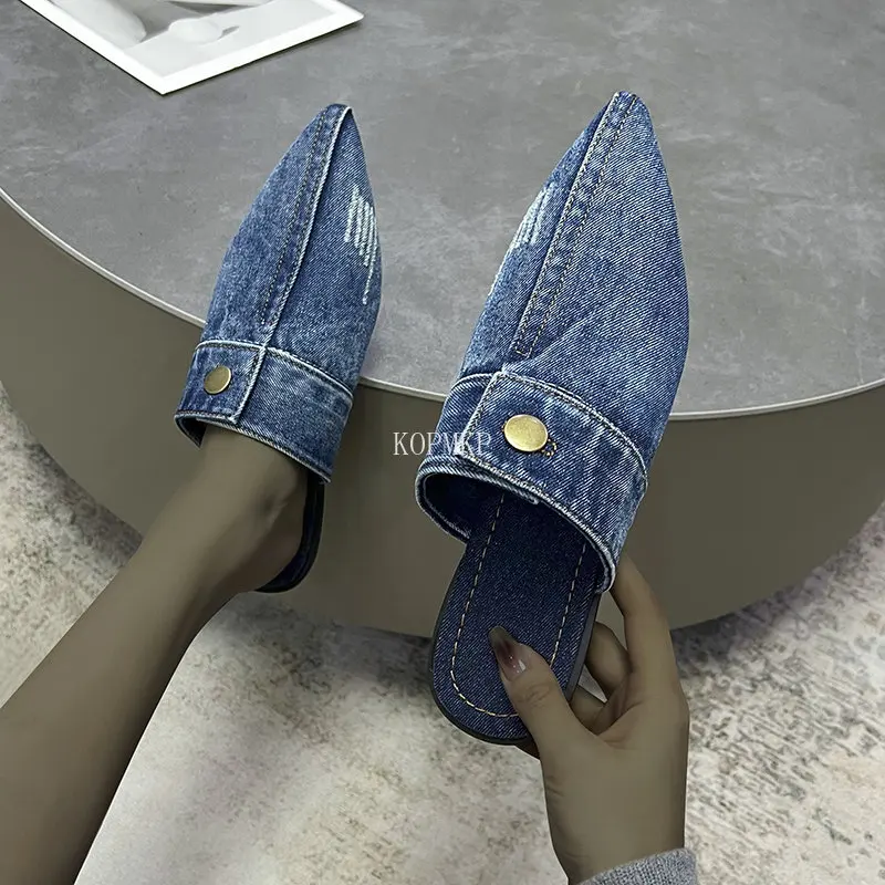 Fashion Denim Women Sandals Summer 2023 Low Heels Sandalias Sexy Pointed Toe Strap Slip-On Elegant Female Shoes Chaussure Femme