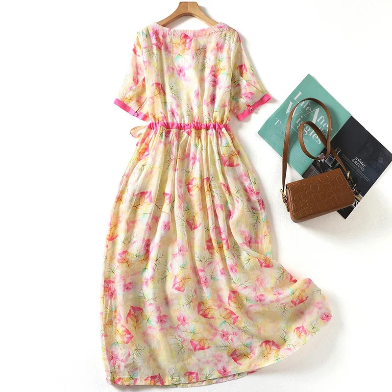 2024 New Arrival Patchwork Print Floral Loose Summer Dress Draw String Fashion Women Holiday Style Outdoor Travel Casual Dress