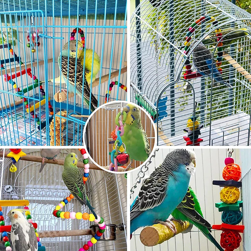 7-teiliges Set Holz-Papageienspielzeug Vogelzubehör Käfig-Schaukel Hängebrücke Ball Käfigglocken Haustier-Spielzeug Vogelkäfig-Zubehör – Detail 7