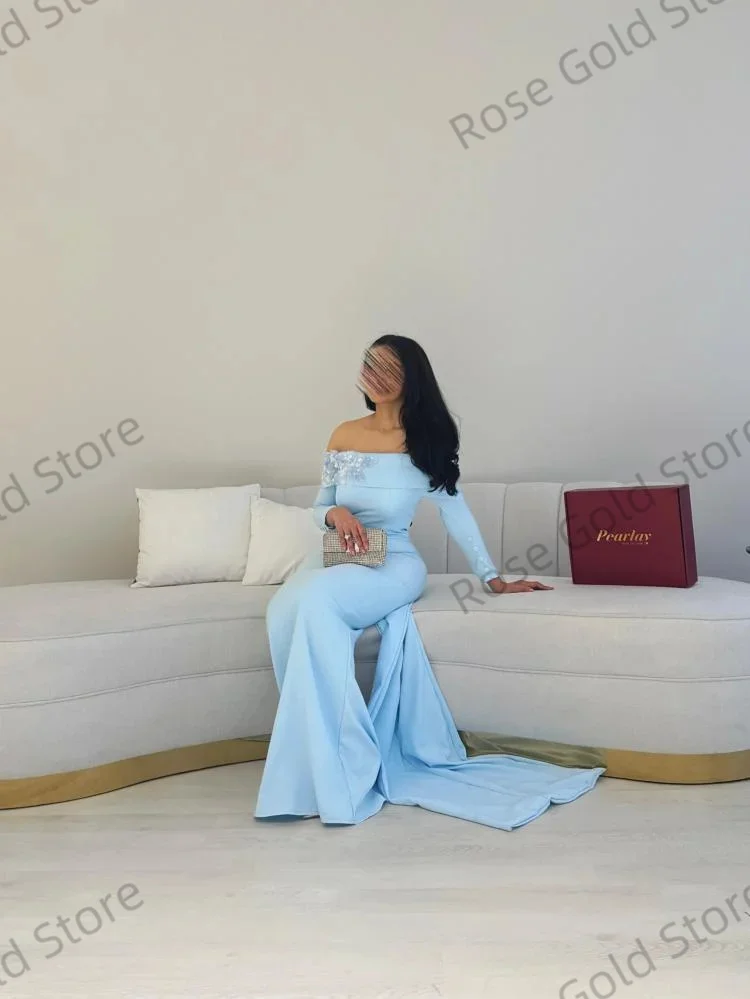 Light Blue Mermaid Women Evening Dress Gorgeous Stain Formal Vestido de Gala Customized Flowers Appliques Prom Party Gowns