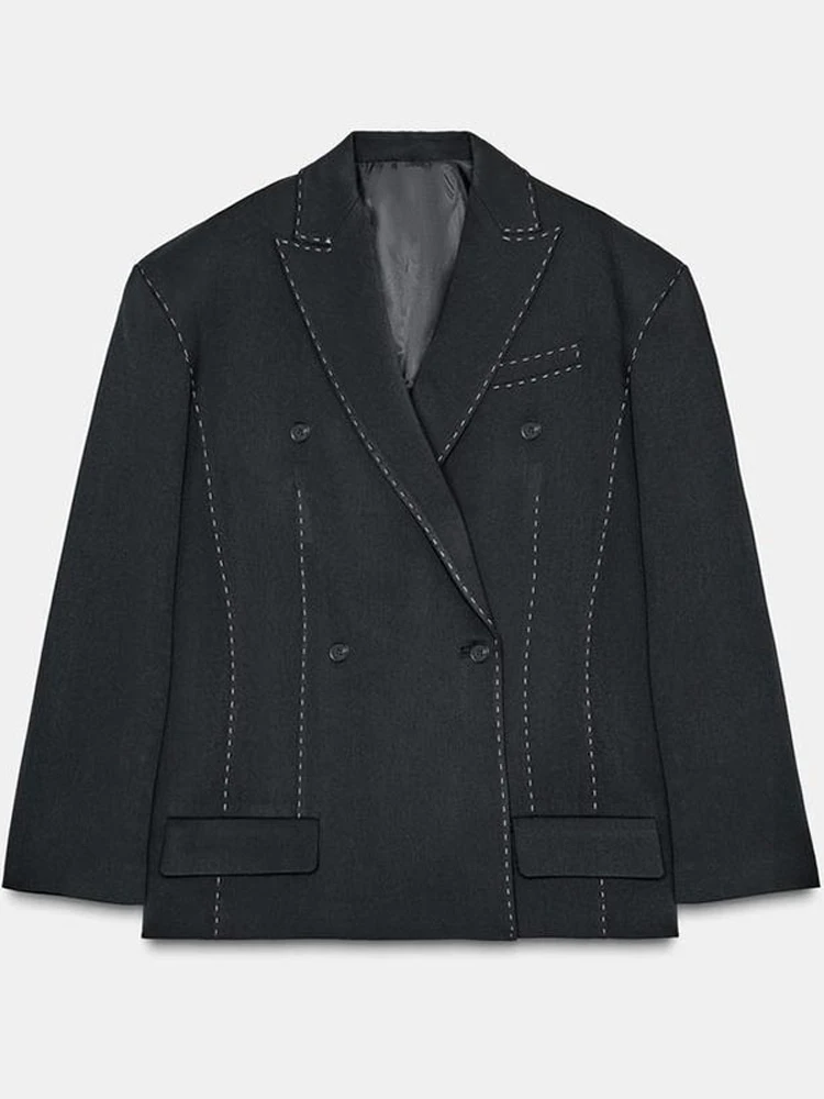 Elegantní prošívané sako, kalhotové kostýmy pro ženy, elegantní volné klopy, dvouřadé sako, široké nohavice, kalhoty, jarní patchworkový set 2026 - náhled 6