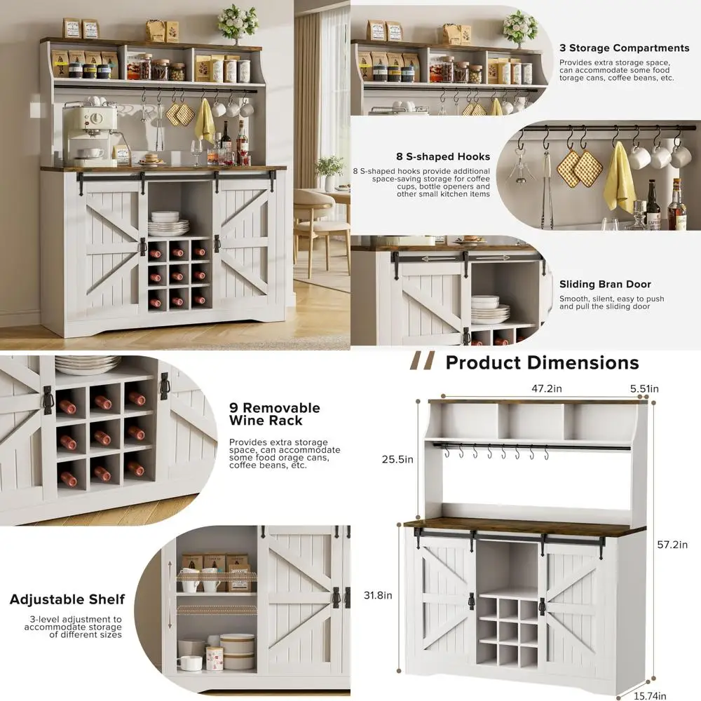 57 بار قهوة، خزانة بار قهوة المزرعة مع مساحة تخزين من 3 طبقات، خزانة مطبخ طويلة مع 8 خطافات و9 رفوف نبيذ،