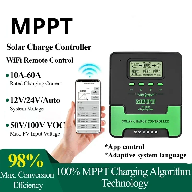 

12/24V MPPT Solar Charge Controller 20A 30A 40A 50A 60A WiFi Solar Panel Regulator LCD USB for Lifepo4 Lead Acid Lithium Battery