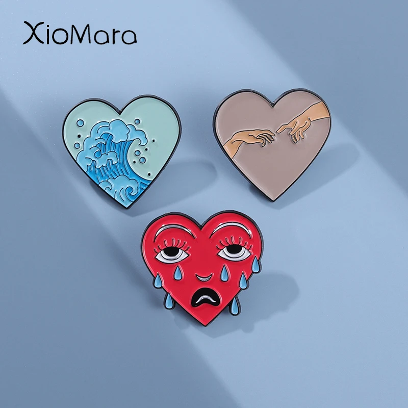 Punk Heart Shape Enamel Pins Custom Skeleton Lovers Ocean Wave Tears Brooches Lapel Badges Funny Jewelry Gift for Kids Friends