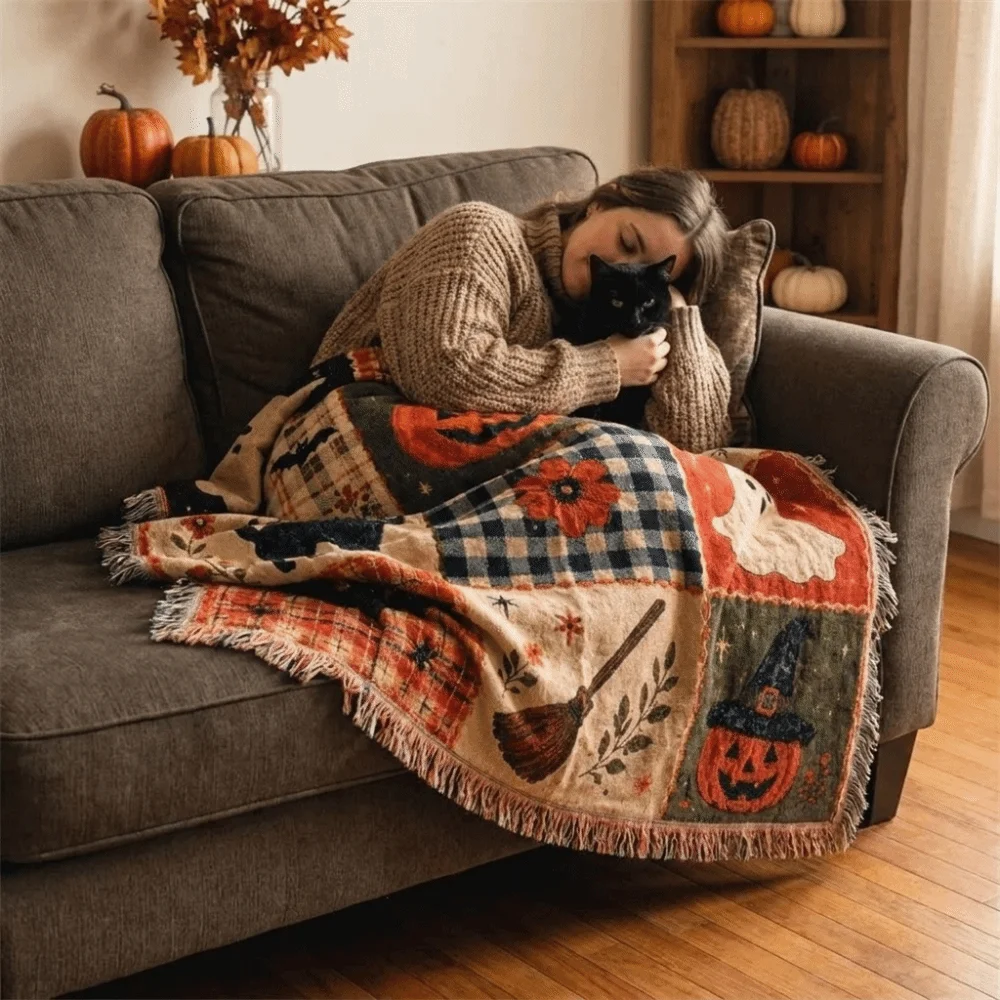 Vintage Halloween Patchwork Blanket Dark Style Warm Ghost Throw Blanket Soft Black Cat Bat Print Pumpkin Ghost Blanket Picnic
