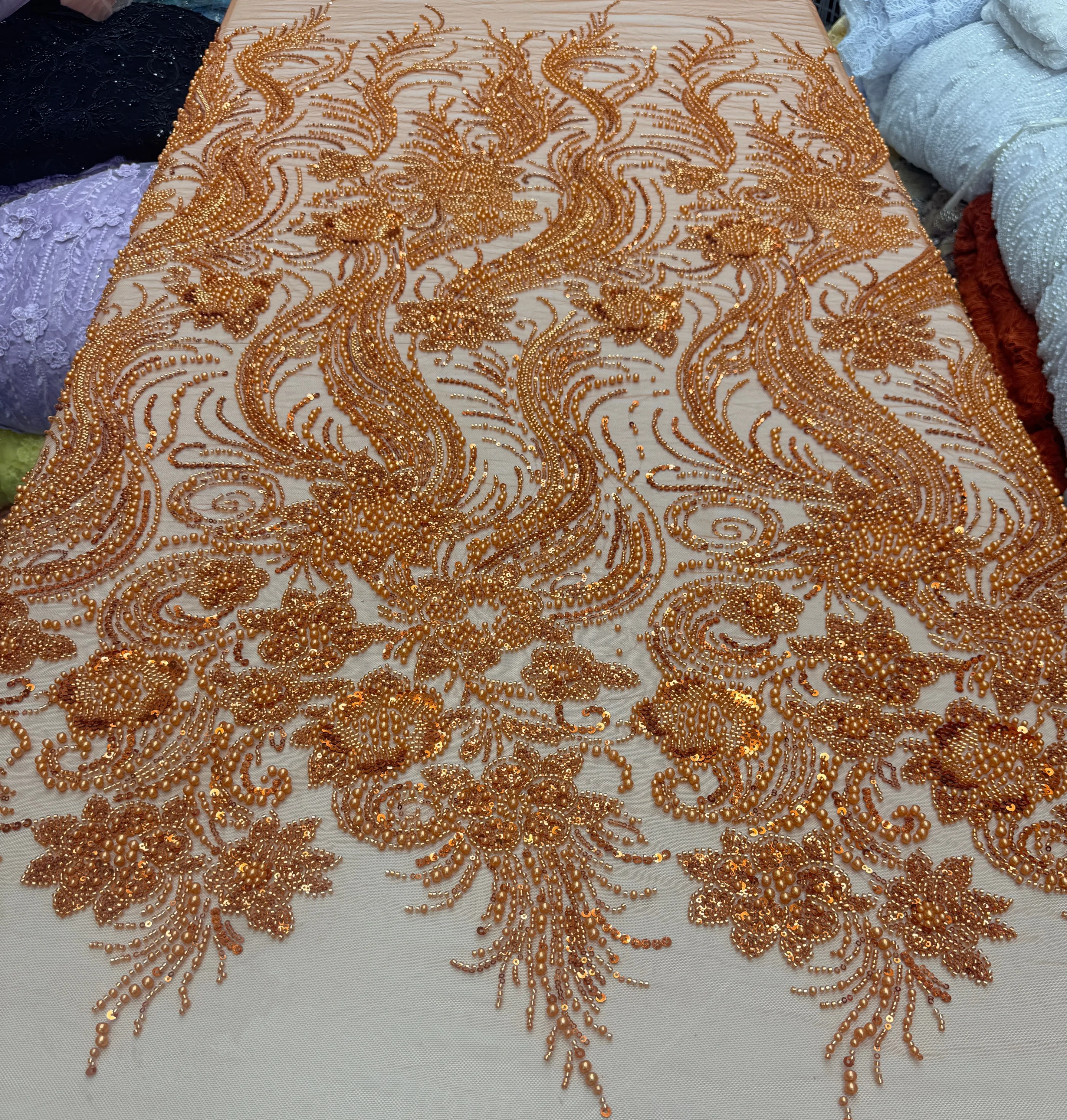 

African Heavy Beads Tulle Lace Fabric 2025 High Quality Lace French Luxury Sequins Velvet Lace Fabric For Wedding Dress