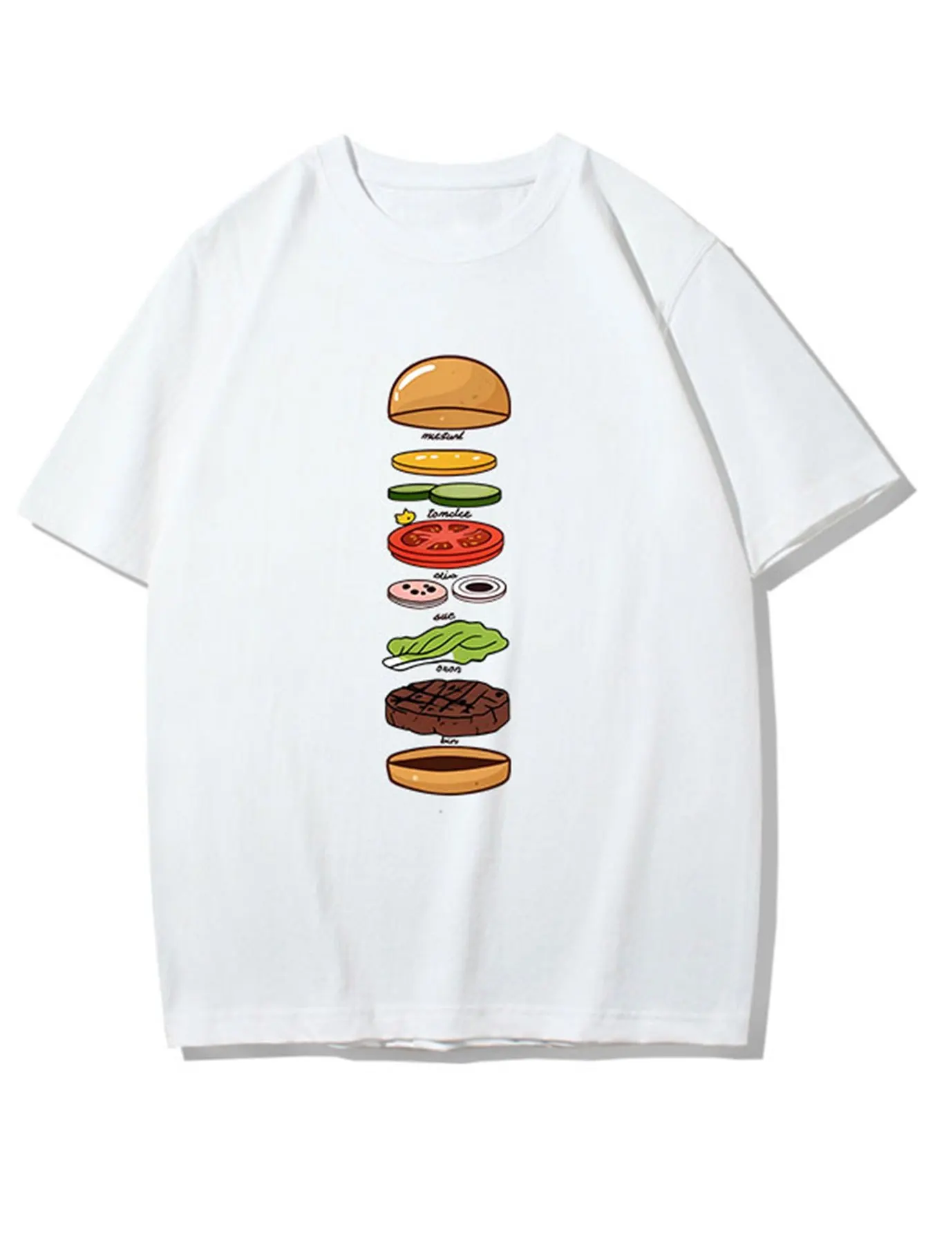 Camiseta gráfica con ingredientes de hamburguesa explotados, camiseta informal de manga corta con estampado de descomposición divertida para hombres
