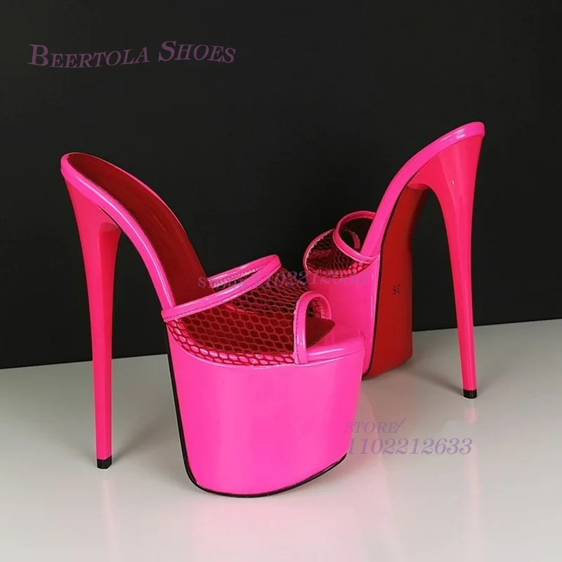 Mesh Peep Toe Open Platform Slippers Women Purple Pink Bright Color Slingback Sandal Stiletto Red Heels Bling Hollow Casual Shoe