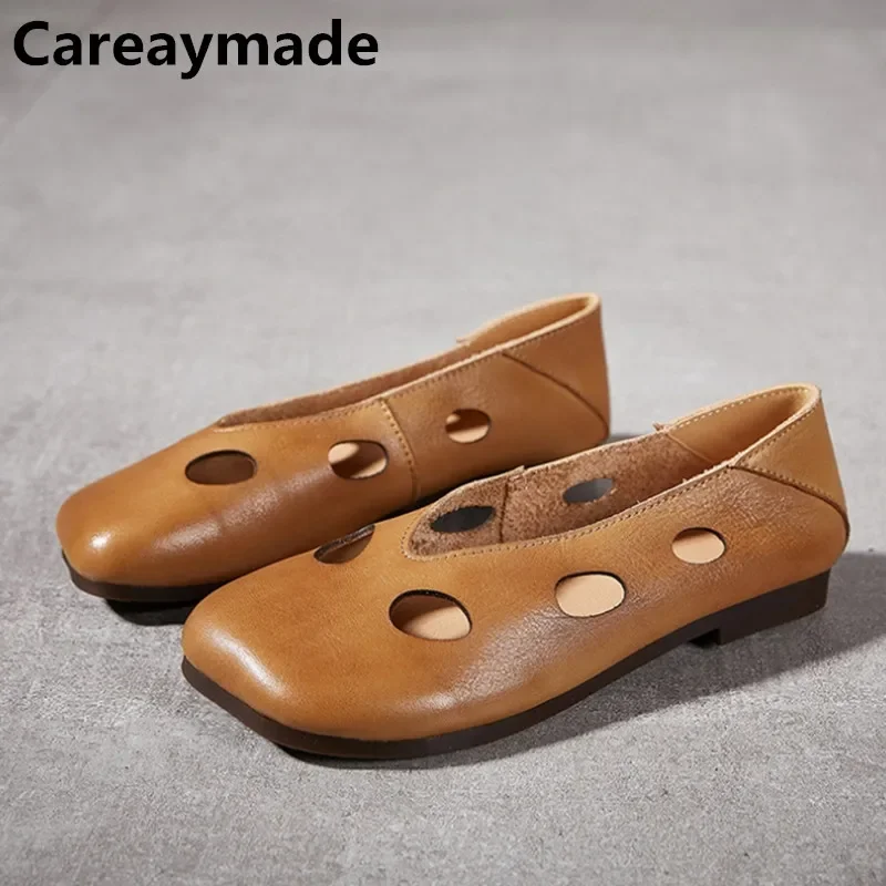 Careaymade-Spring Genuine Leather Hollow Women's Shoes Round Head Breathable Soft Sole Rubbing Color Soft Leather  Women Shoes