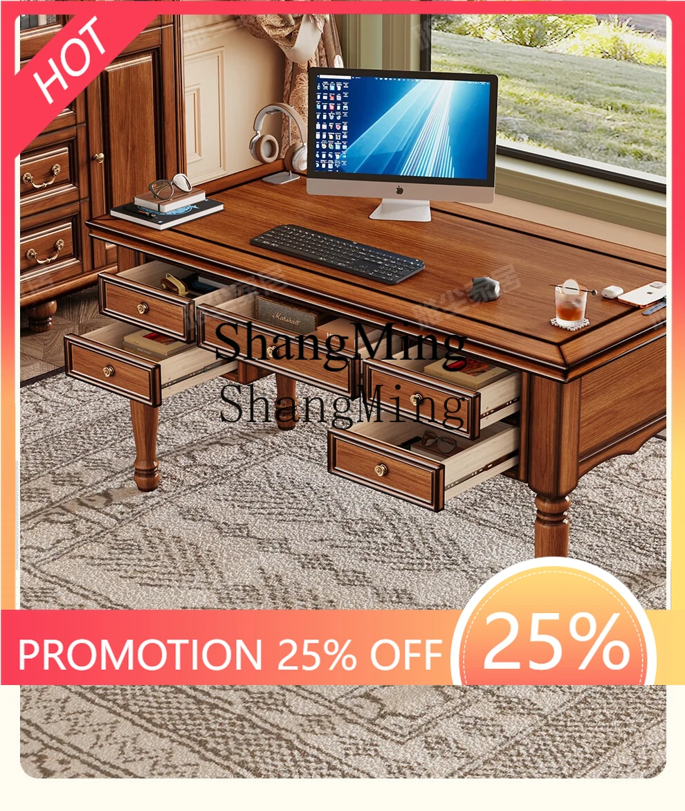 FG good-looking  solid wood desktop computer desk household retro study writing table solid wood desk chair combination