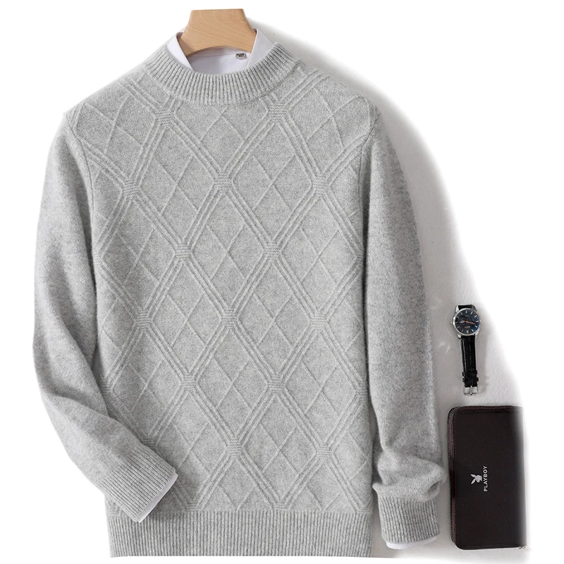 Spring Autumn 100%Pure Wool Men's Round Neck Long Sleeve Top One Line Ready to Wear Diamond Grid Twisted Flower Cashmere Sweater