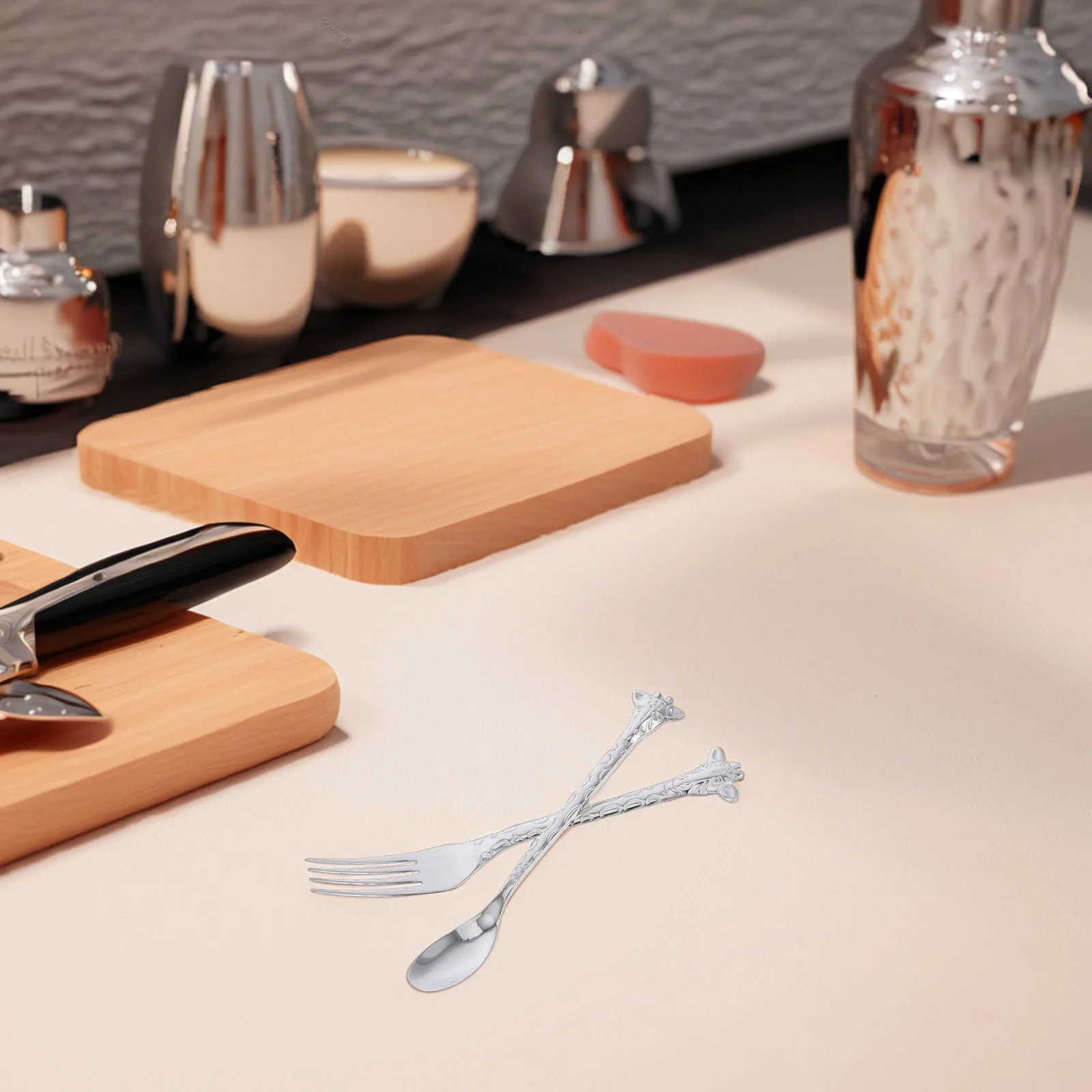 

2pcs Stainless Steel Spoon Fork Set Silver Polished Mirror Finish Easy Clean Cartoon Handle Non-Slip Grip Modern Dessert