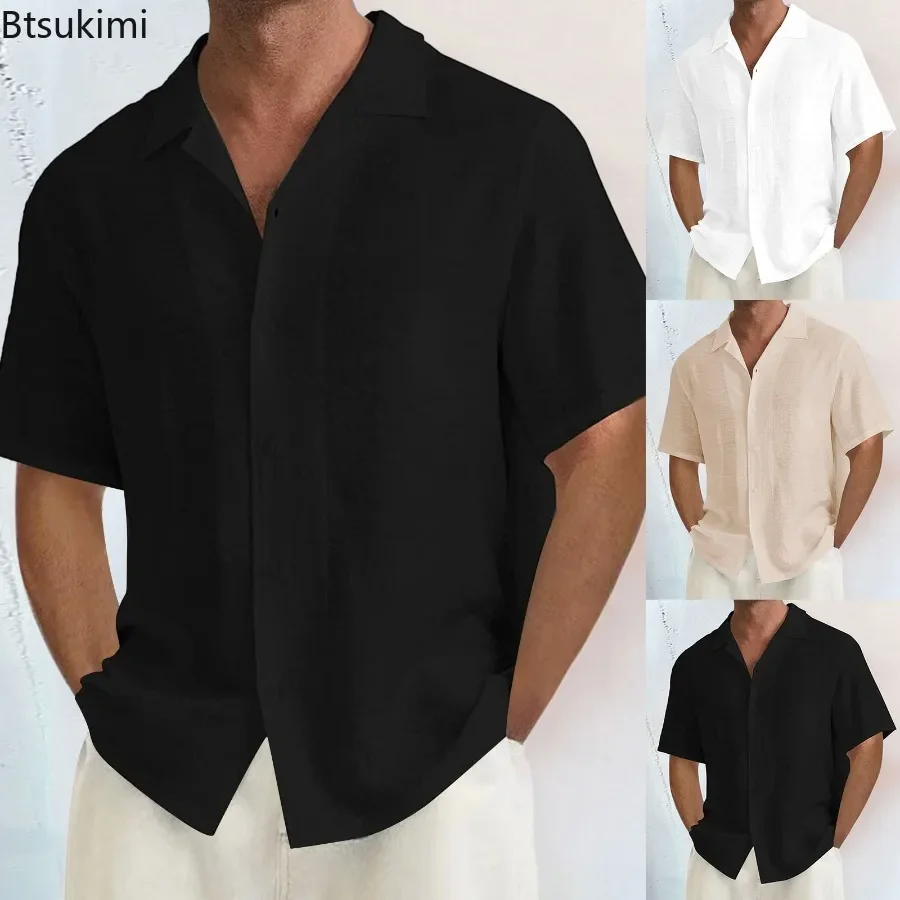 New 2025 Men's Solid Color Short-sleeved Shirts Summer Fashion Simple Cardigan Tops Soft Cotton All Match Lapel Shirts for Male