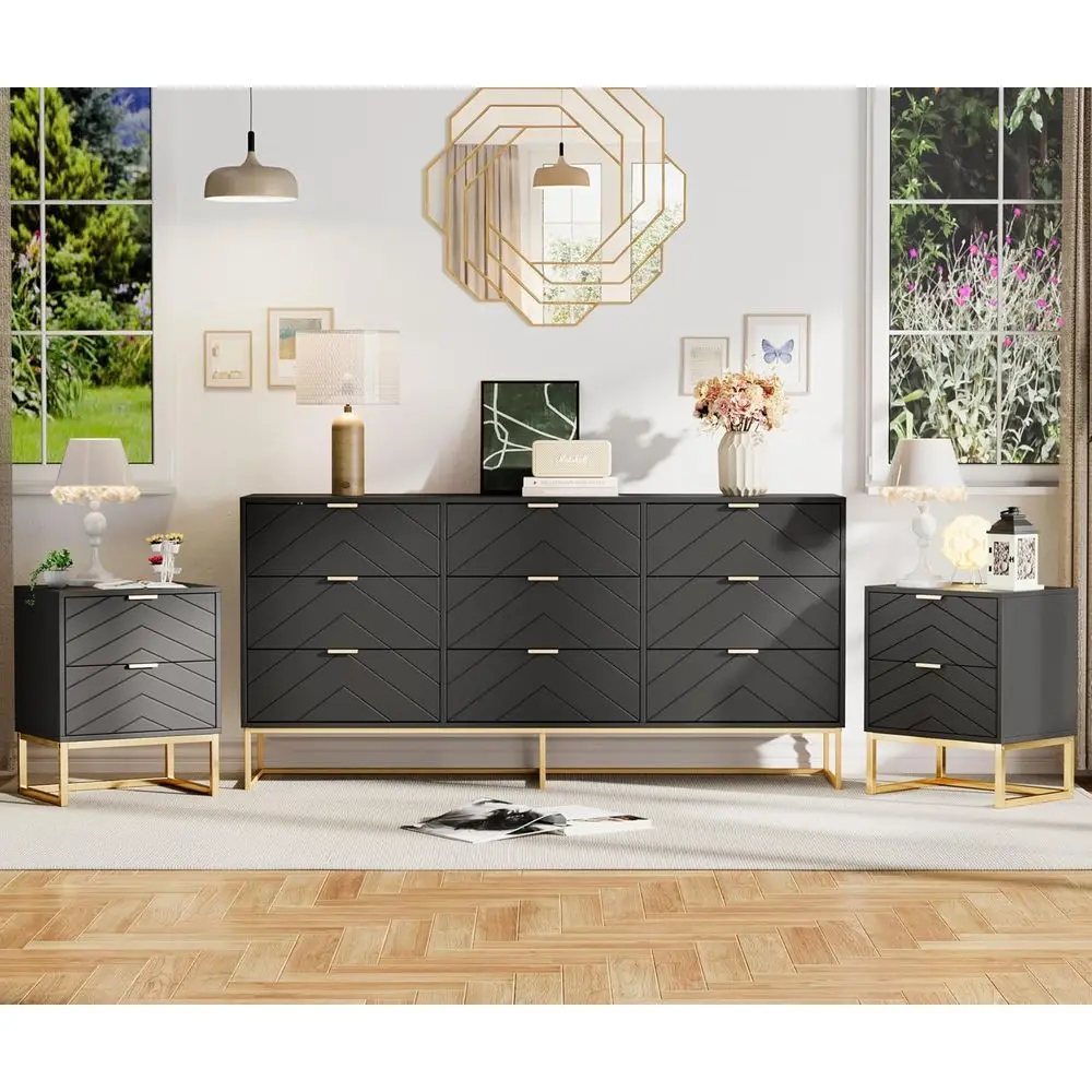 

3-Piece Bedroom Set with Nightstand, Chest, and Storage Cabinet in Green and Black with Gold Handles