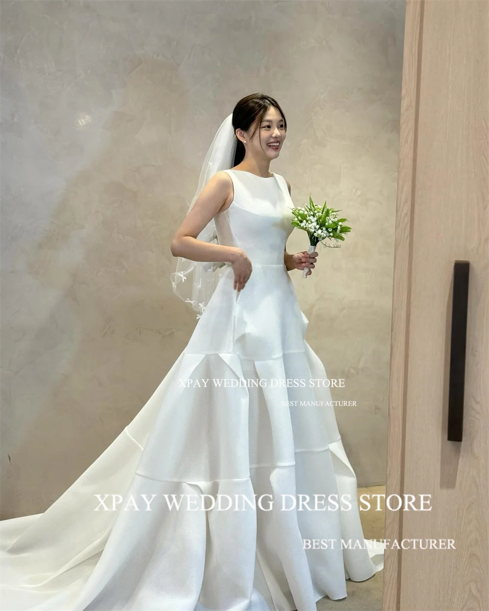 XPAY-vestido de novia de línea A de Corea, cuello redondo, volantes de satén, escalonados, sin mangas, fotos, Sesión, espalda abierta, plisado