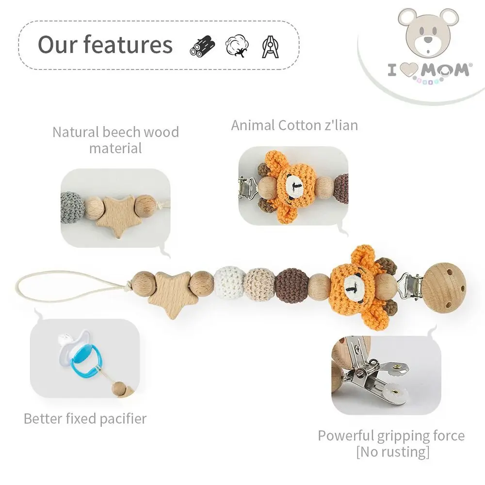 Cartoon Animal Teething Toys Beech Wood Anti-Drop Pacifier Holder Soother Chain Dummy Holder Baby Pacifier Clips