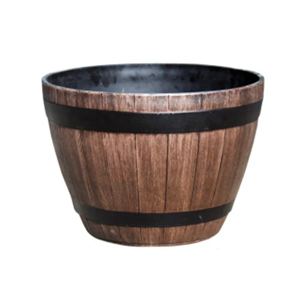 Flowers and Green Plants Imitation Wooden Barrel Round Plastic Flower Pot Garden Courtyard Retro Flower Pot Bucket Greening