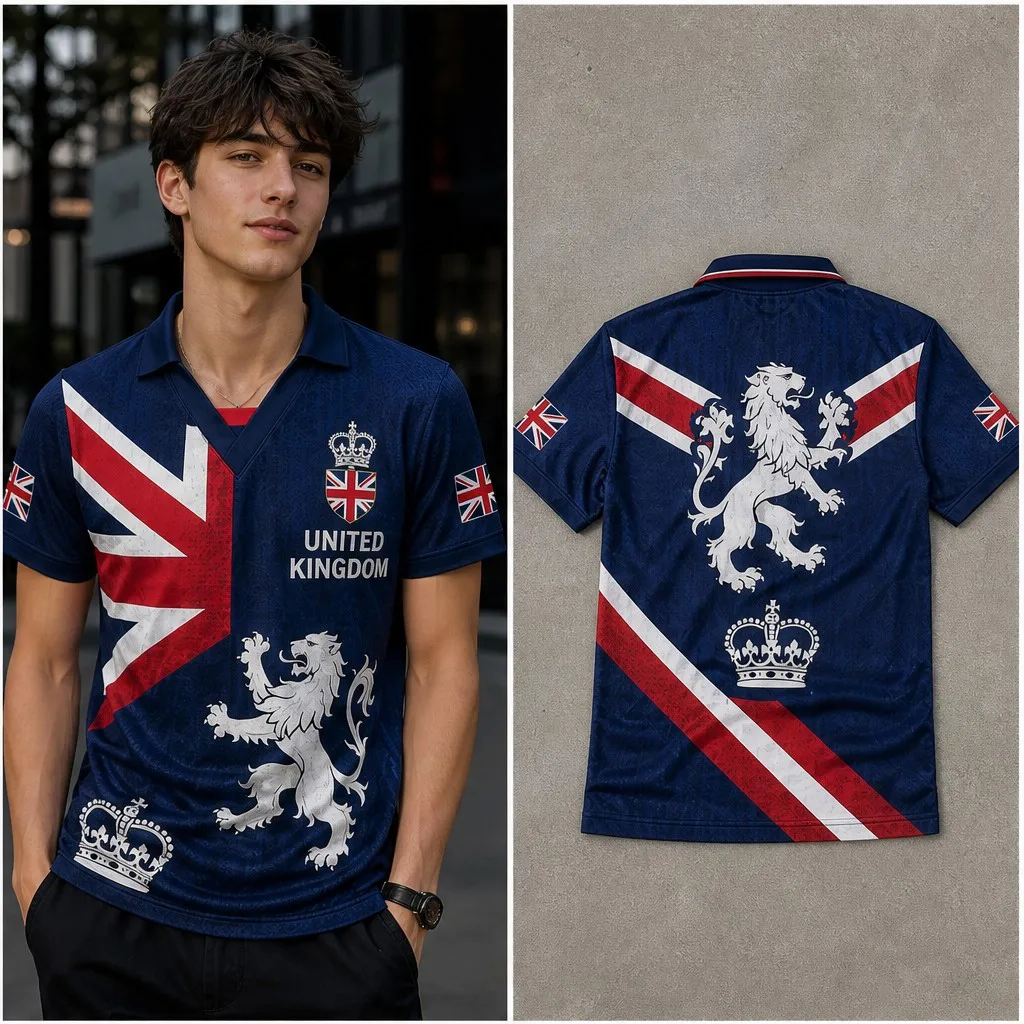 Mens Half Polo V Neck T Shirt United Kingdom White Lion Crown Flag Graphic Short Sleeve Casual Street Jersey Top Soft Jersey Top