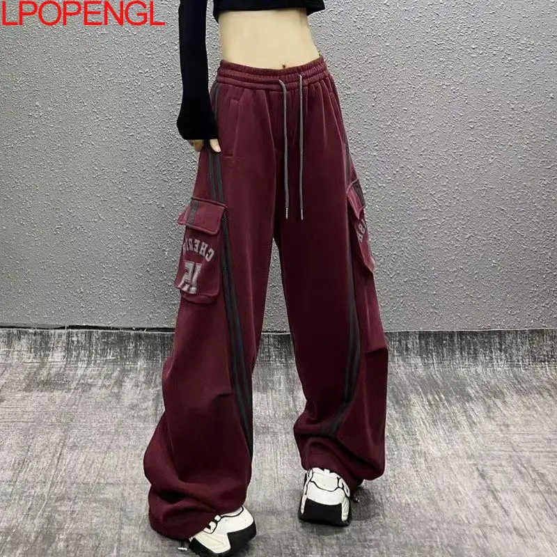 Cargo Pants Women's 2025 Workwear Casual Pants Color Matching Trousers New High Waist Loose Wide Leg Pants