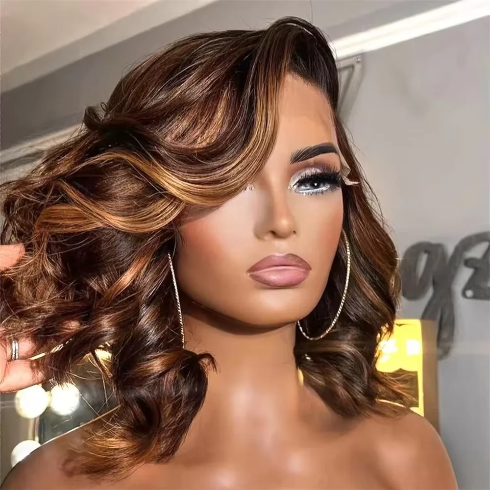 Brazilian 230% Density Bouncy Curly Short Bob Wigs Human Hair Color #4/27 Highlight Loose Wave Human Hair Wigs 13x4 Lace Frontal Wigs Ombre Brown Loose Curly Short Hair Wigs For Women