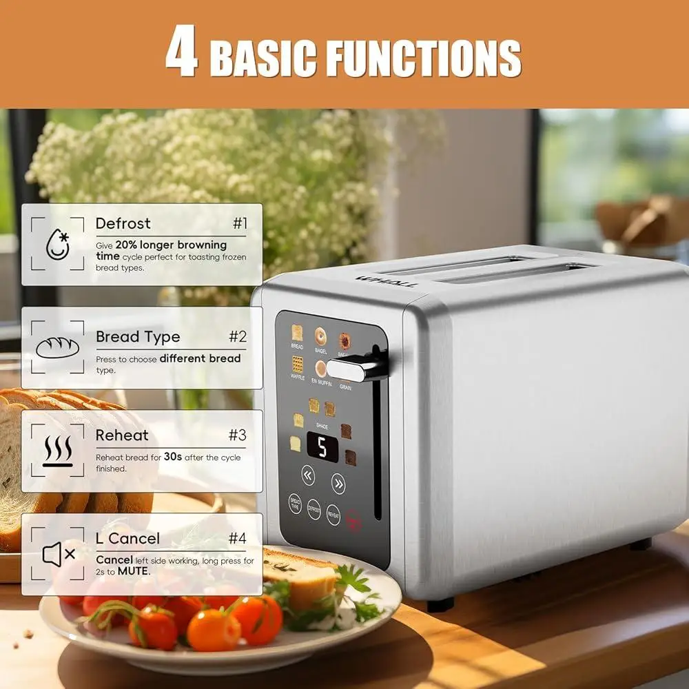 Touch Screen Toaster 2 Slice Stainless Steel Digital Timer 6 Bread Types 6 Shade Settings Extra Wide Slots Defrost Bagel Cancel