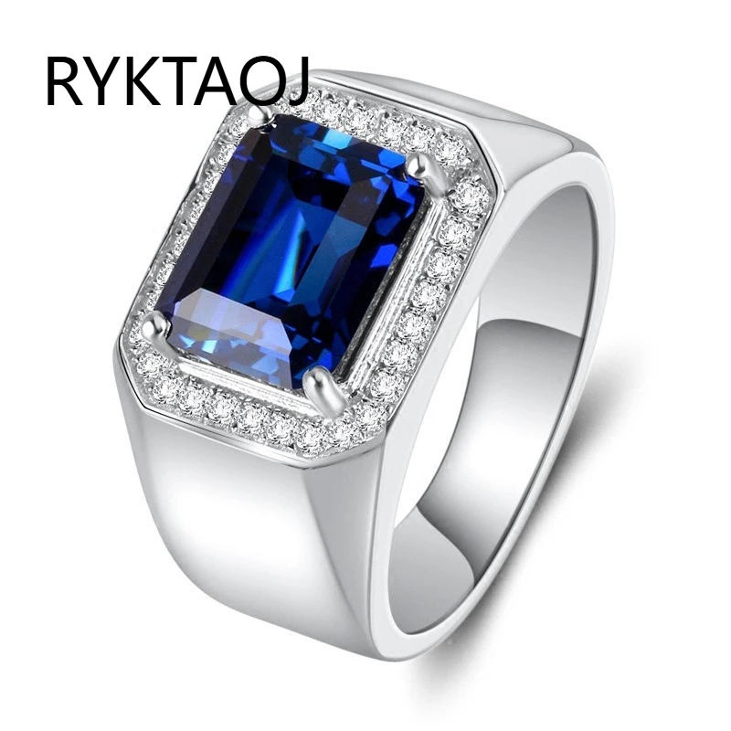 925 Sterling Silver Men's Ring Rectangle Blue Cubic Zirconia Ring Halo Design Big Gemstone Finger Band Vintage Jewelry Gift