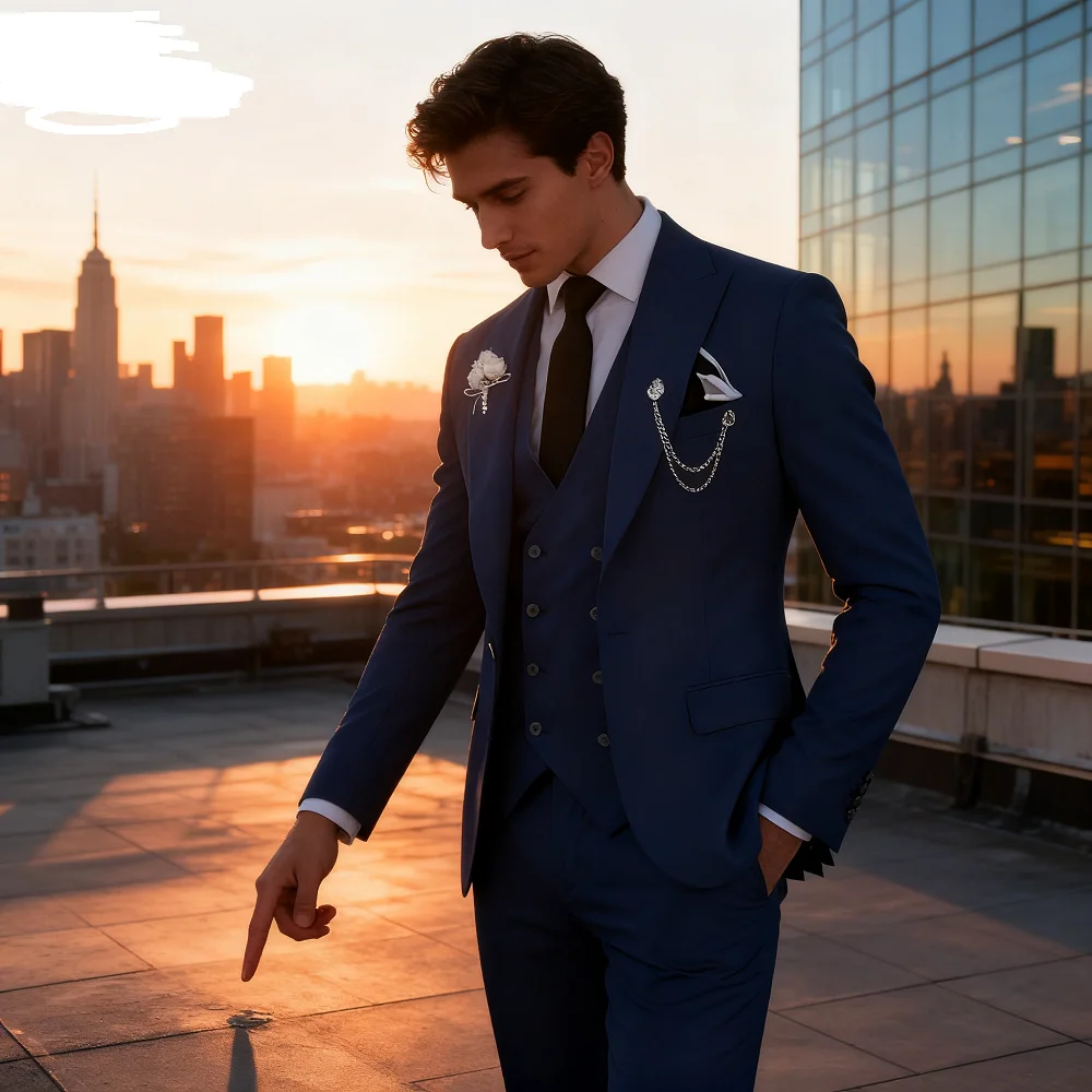 

Elegant Rose Red 3-Piece Slim Fit Men's Suit Double Breasted Blazer Vest Pants Set for Wedding Groom Tuxedo Business Party