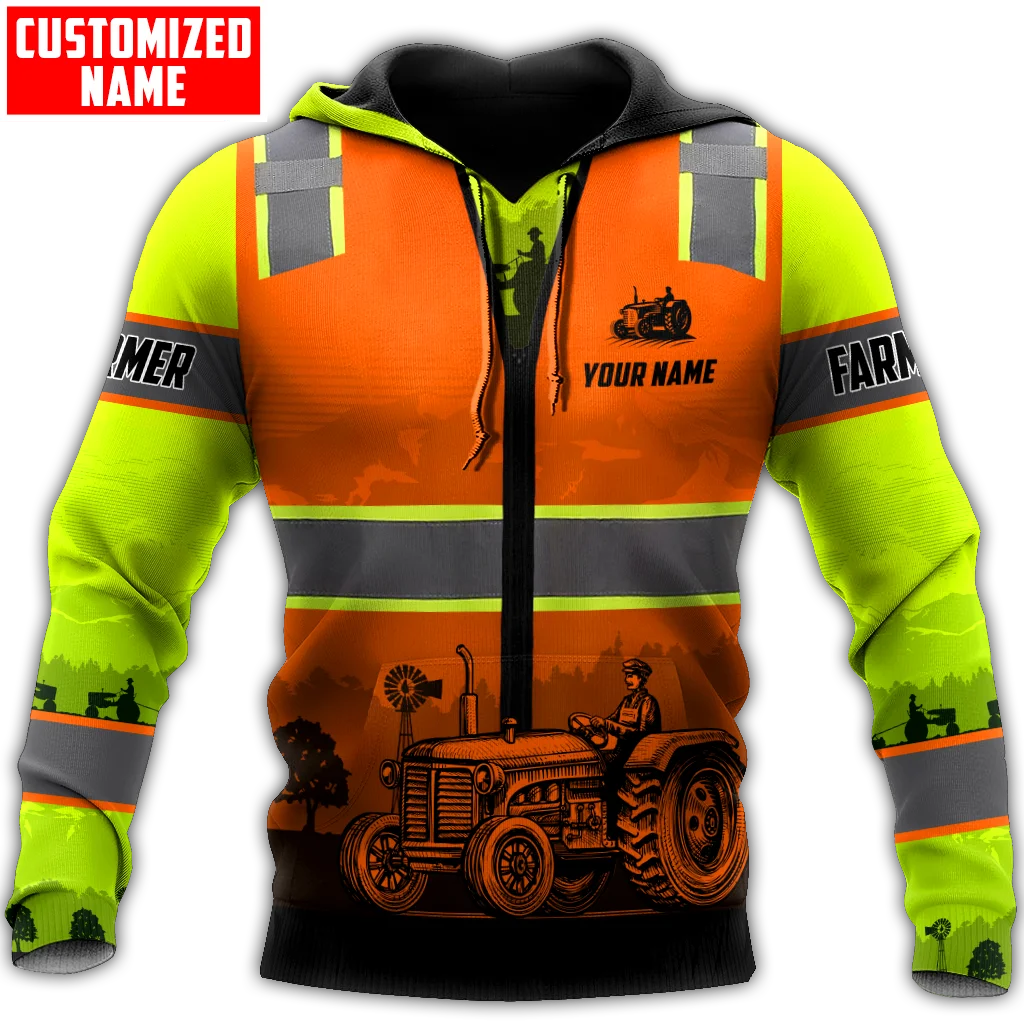 Farmer Tractor in field Safety Orange 3D Jacket Men/Women Hooded Sweatshirt Zipper Hoodies Casual Streetwear Unisex Pullover3