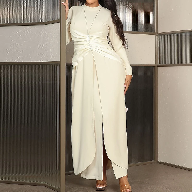Lady Temperament Pleated Slim A-Line Dress Elegant O-Neck Irregular High Waist Slit Dress Simple Solid Long Sleeved Office Dress