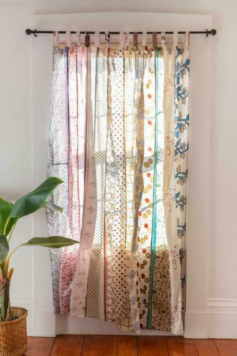 

Silk Sari White Curtain Indian Sari Patchwork Curtain Drape Window Decor