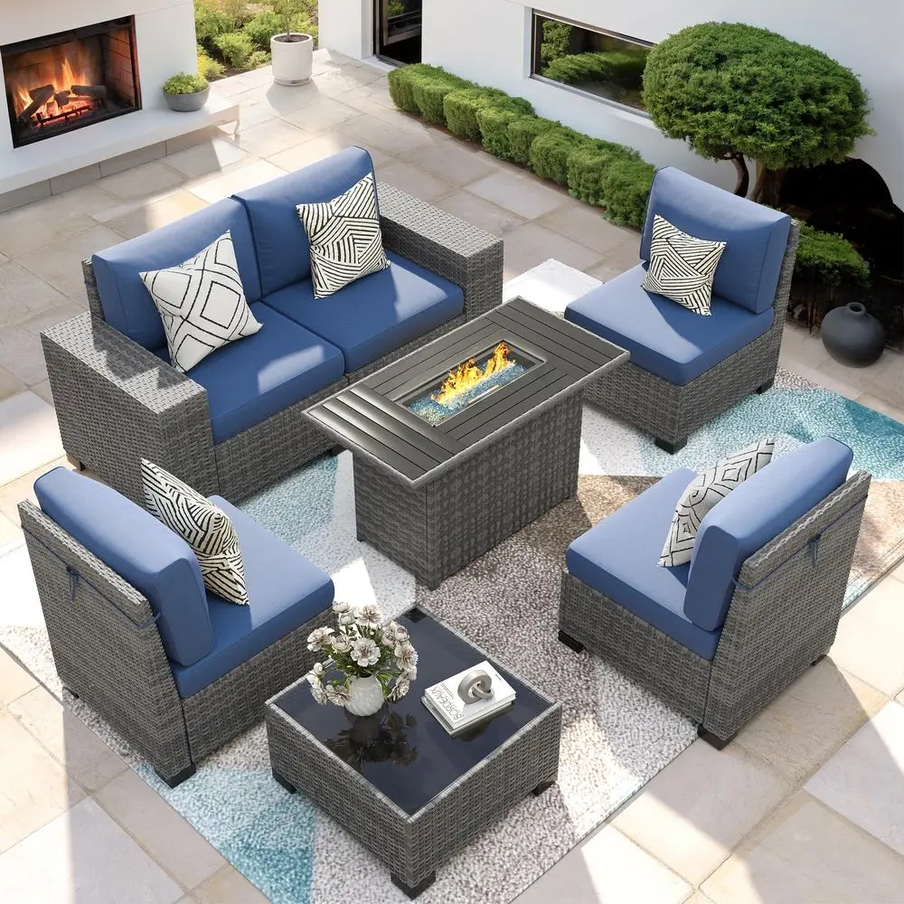 

Piece Patio Furniture Set with Fire Pit Table, Outdoor Conversation Sets Wicker Rattan Sectional Sofa with Coffee Table for Pat