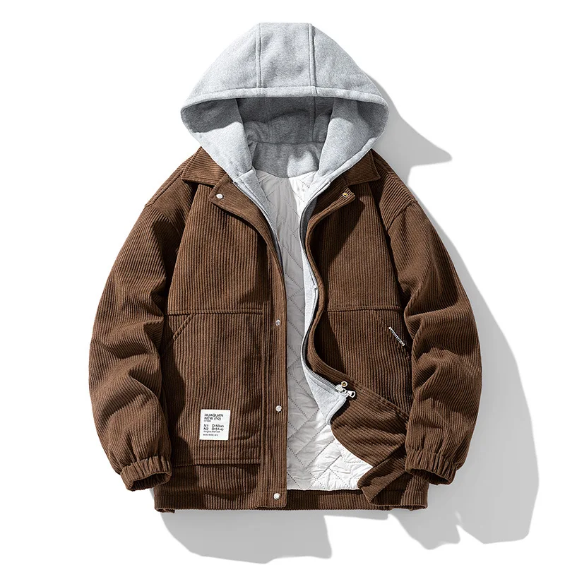 

Mens Corduroy Baseball Jacket Winter Thick Warm Fake Two Pieces Cotton Padded Coat Male Streetwear Fashion Hooded Outerwear Top