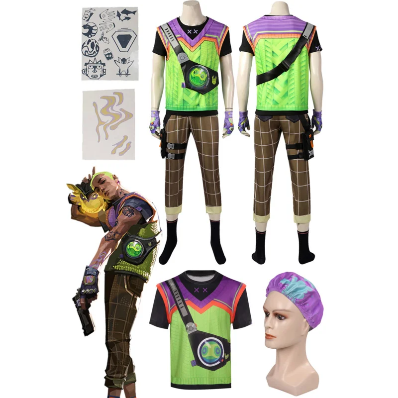 Disfraz de Gekko para hombre, ropa de juego de Valorant, Roleplay, Fantasia, camiseta, pantalón, cinturón, sombrero, Halloween, carnaval, fiesta, disfraz Masculino
