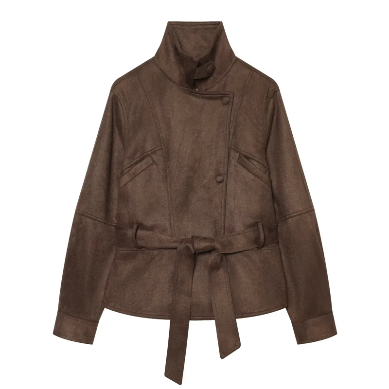Women's Stand Collar Suede Effect Coat Long Sleeve Belt Waist Cropped Jacket Multi Colors Fall Fashion Outerwear