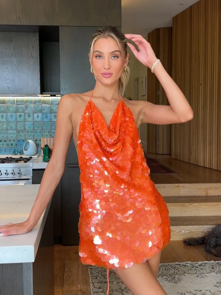 Large Backless Sequin Dress Halter Hanging Neck Pile Neck Sexy Slimming  Sparkly Camisole Beach Wrap Hip Short Dresses Party Gown - AliExpress  200000345