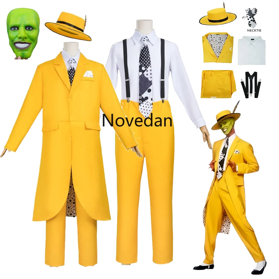 Movie The Mask Cosplay Costume Jim Carry Cosplay Yellow Uniform Carnival Party Suit Hat Green Mask Halloween Clown Props Outfits view 2