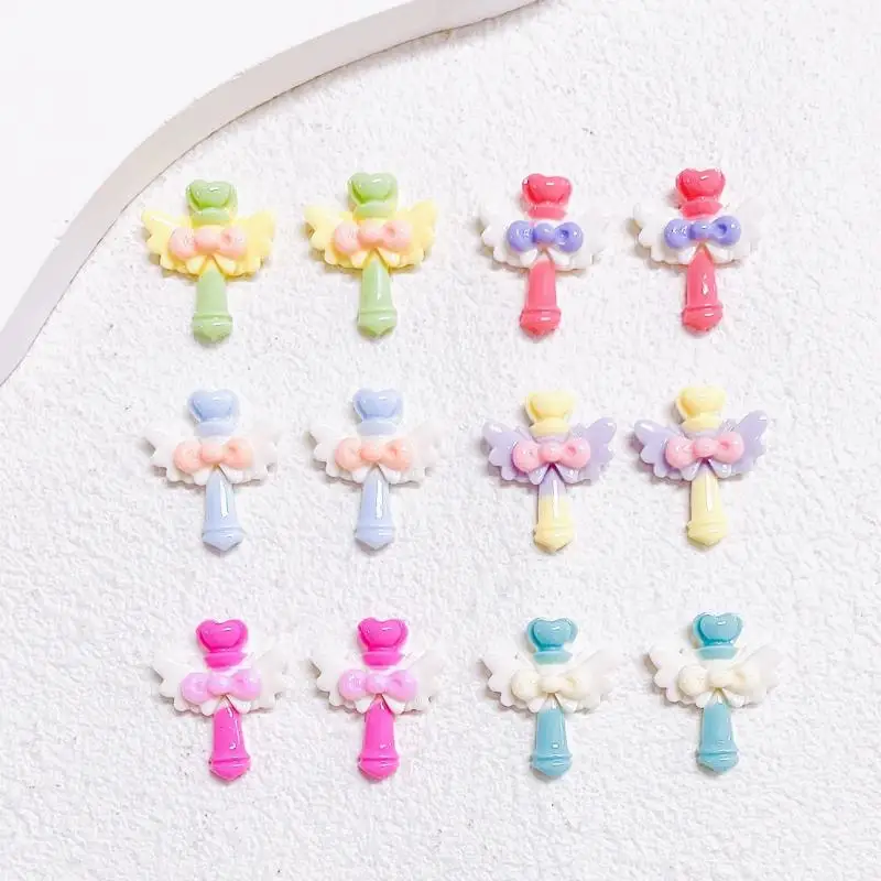 

50PCS Dopamine Colored Fairy Magic Wand Nail Charms Bow Angel wings Cane Resin Nail Art Decorations for Making DIY Nails Parts