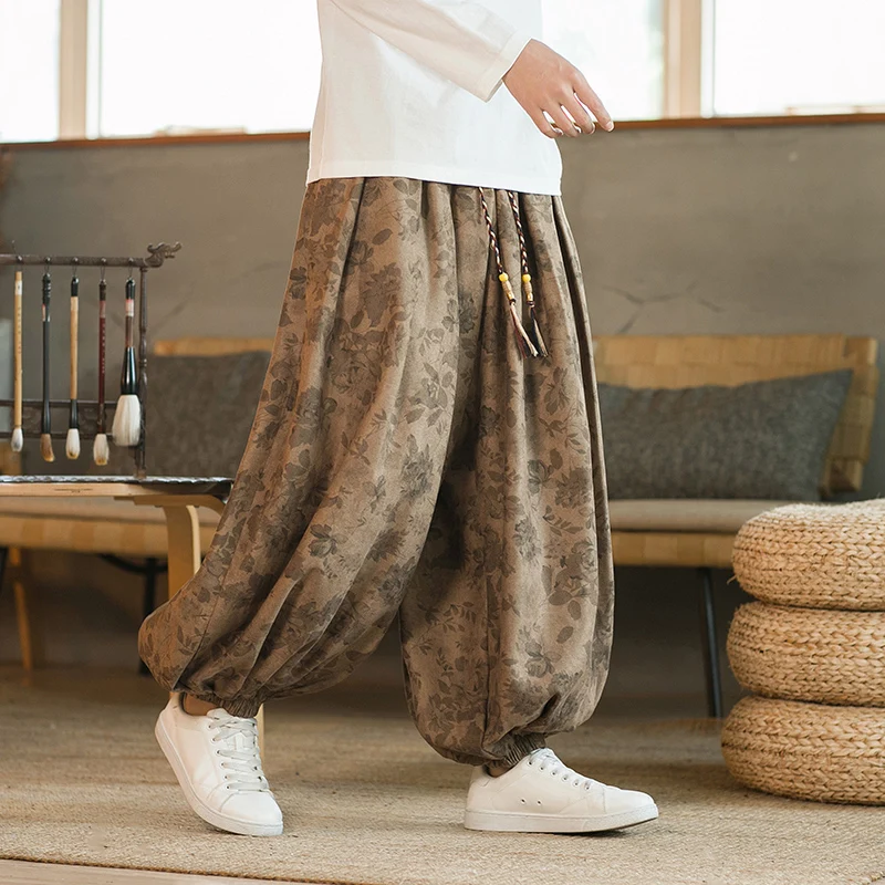 High Quality Pants For Men Chinese Style Dark Flower Corduroy Casual Bloomers Elastic Waist Fashion Loose Wide Leg Trousers Male