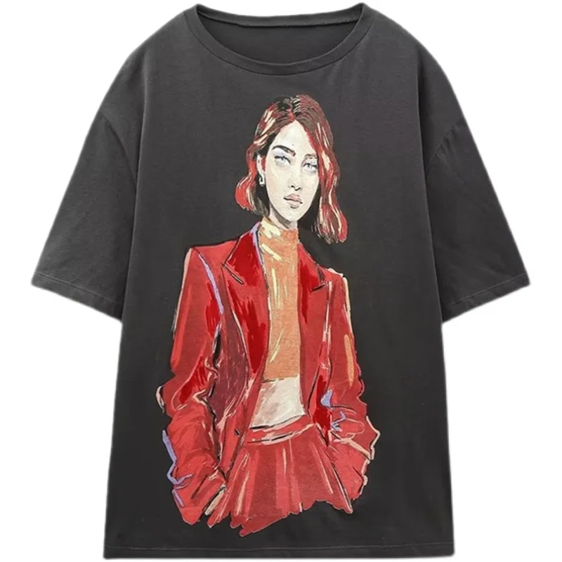 

Faionable Girl Print T-irt Color Blo Casual Commute Sle ort Sve round Ne Regular Length Versatile Autumn Winte...