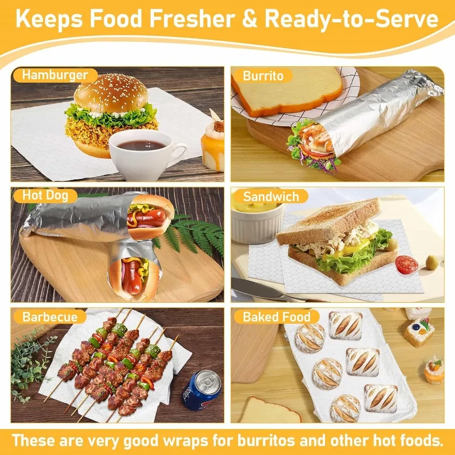 130 عبوة من ورق تغليف الساندويتش العازل من رقائق الألومنيوم مقاس 12 × 12 ورق رقائق مسبق القطع لتخزين المواد الغذائية والنقل المثالي