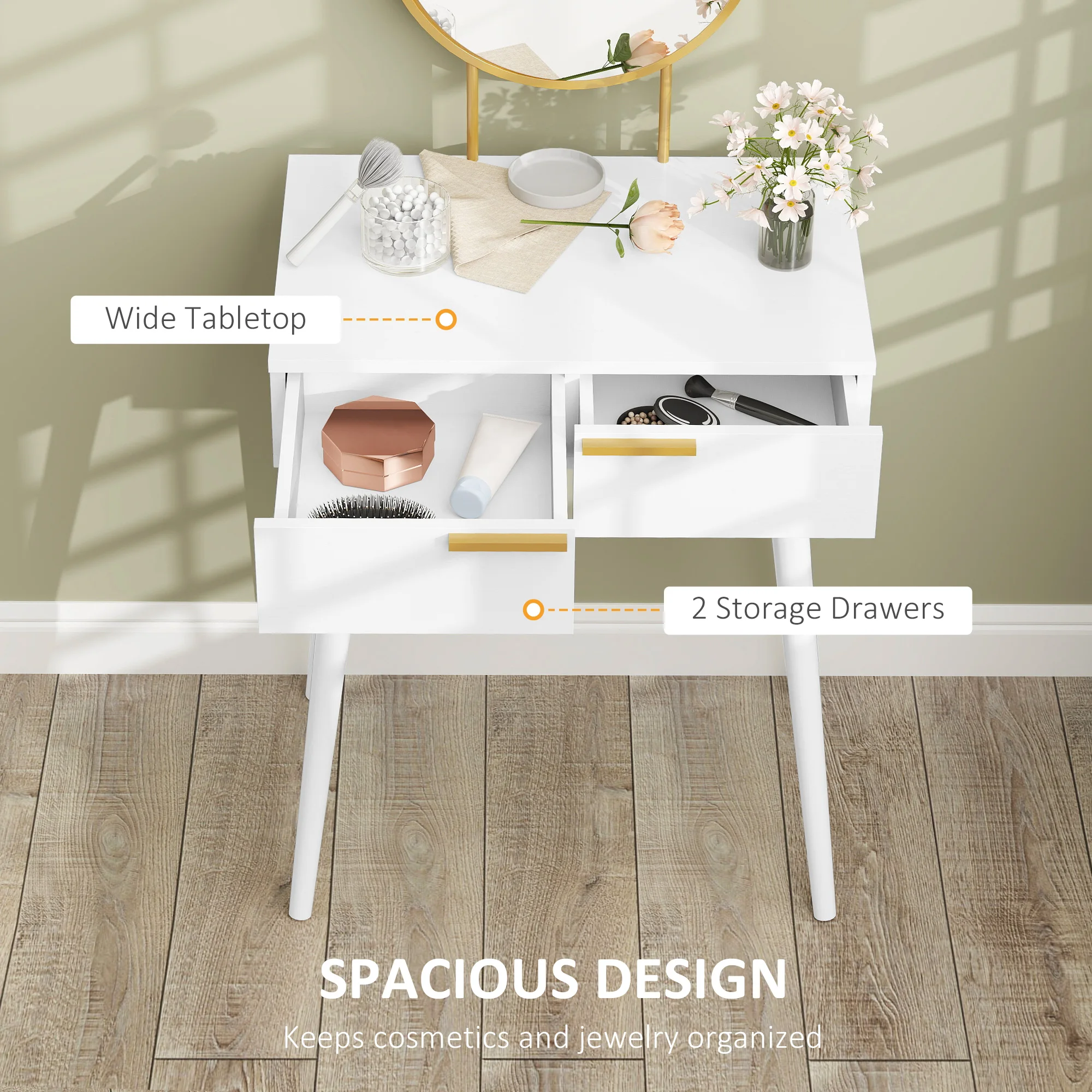 HOMCOM Modern Dressing Table w/ 2 Drawers Round Mirror for Bedroom White