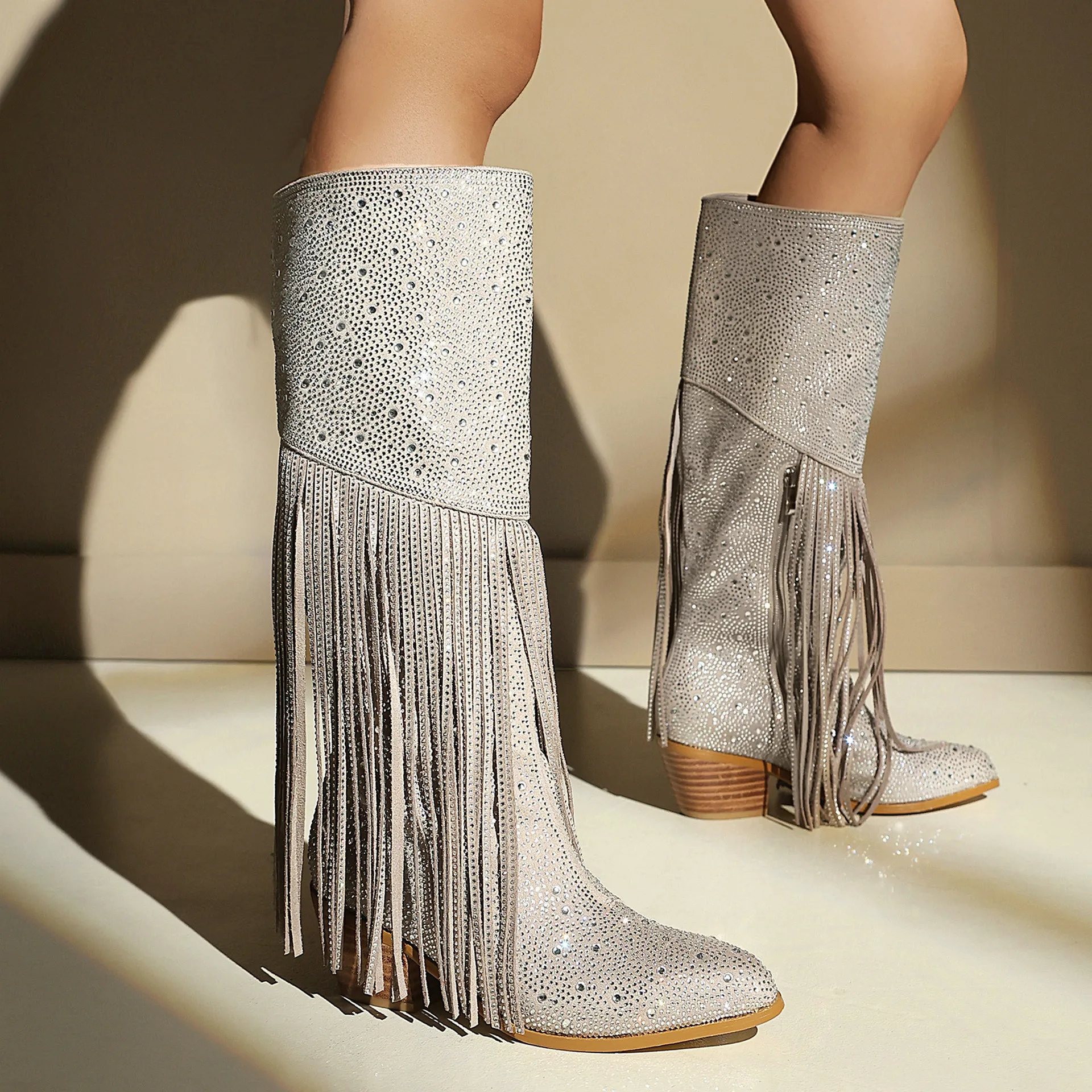 Western Cowboy Fringe High Boots Women Full Rhinestone Pointed Toe Chunky Heel Retro Slimming Knight Long Boots